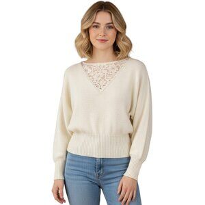 Vtg 80s Ann Katrine Womens Sweater Lambs Wool Angora Dolman Pearl Lace V-Neck Md